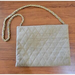 Vintage Reva UltraSuede Quilted Crossbody Bag Tan Gold Chain Strap Clutch